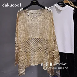 Cakucool Gold Lurex Summer Blouse Shirt Long Batwing Sleeve O-neck Hollow Out Knit Top Loose Bohemian Design Large Shirts Blusa