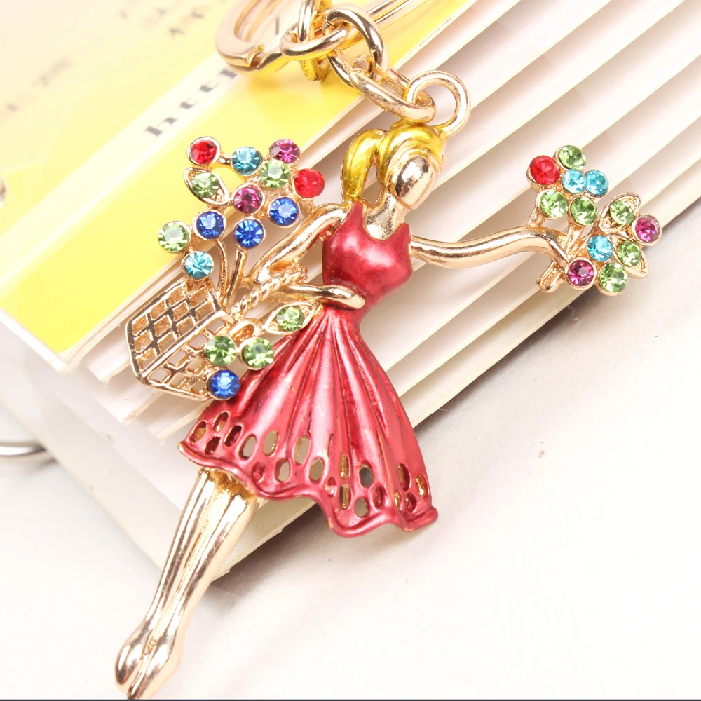 New Fashion Ballet Girl Dress Flowers Crystal Charm Purse Handbag Car Key Ring Chain Party Wedding Birthday Creative Gift