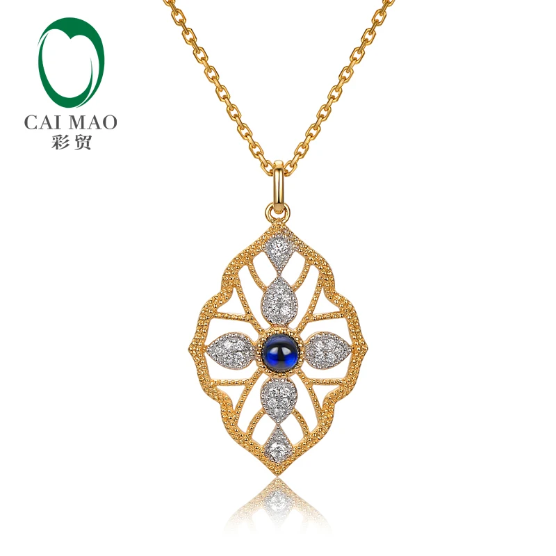 

Caimao Milgrain Bezel Natural Cabochon Cut Blue Sapphire Diamond Pendant 14k Yellow Gold Exquisite Chain Vintage Jewels