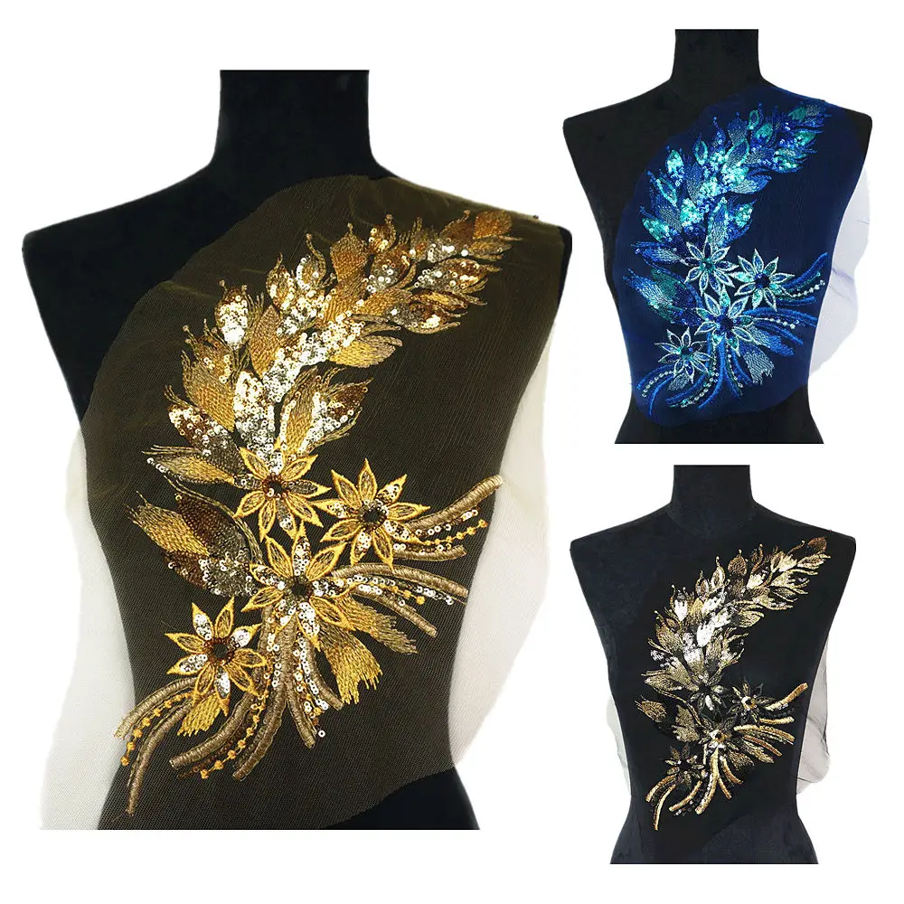 40CM Gold Blue Black Sequins Feather Tail Flowers Lace Trims Mesh Sew On Patches Embroidery For Wedding Appliques Decoration DIY