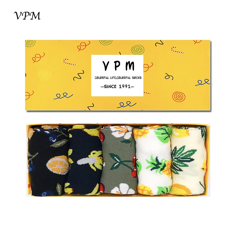 VPM Women's Dress Socks Funny Flower Fruit Cute Japanese Novelty Harajuku Sock for Girl Gift Box (5 pairs / lot )