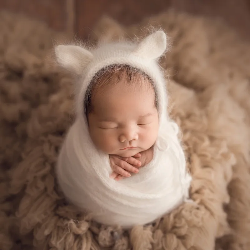 Angora Teddy Bear Bonnet oyuncak seti yenidoğan kabarık streç örme şal bebek doldurma dolgu hayvan oyuncak fotoğraf sahne katmanlı kumaş