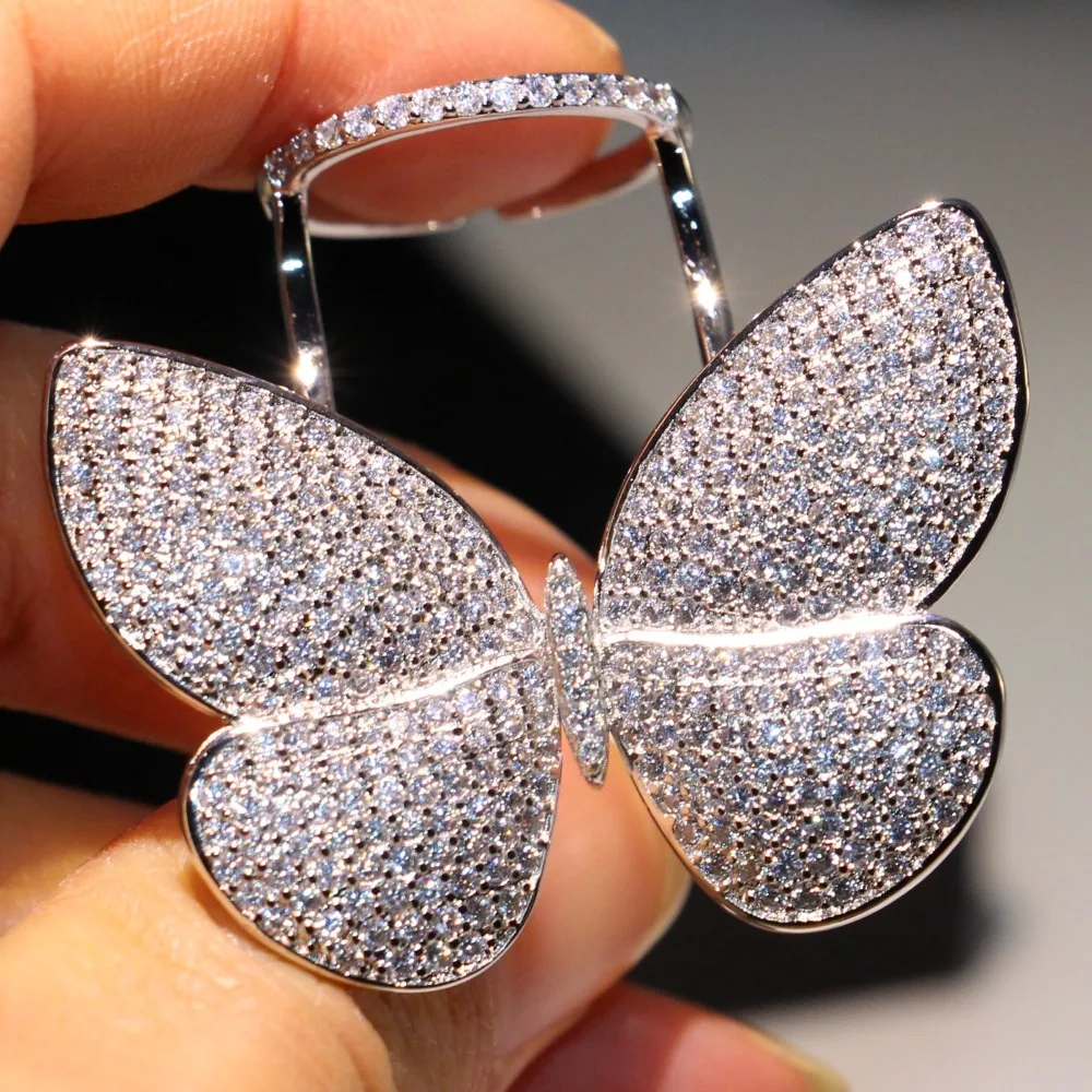 

2019 New Stunning Sweet Cute Luxury Jewelry 925 Sterling Silver Pave CZ Diamond Zircon Women Wedding Move Butterfly Ring Gift