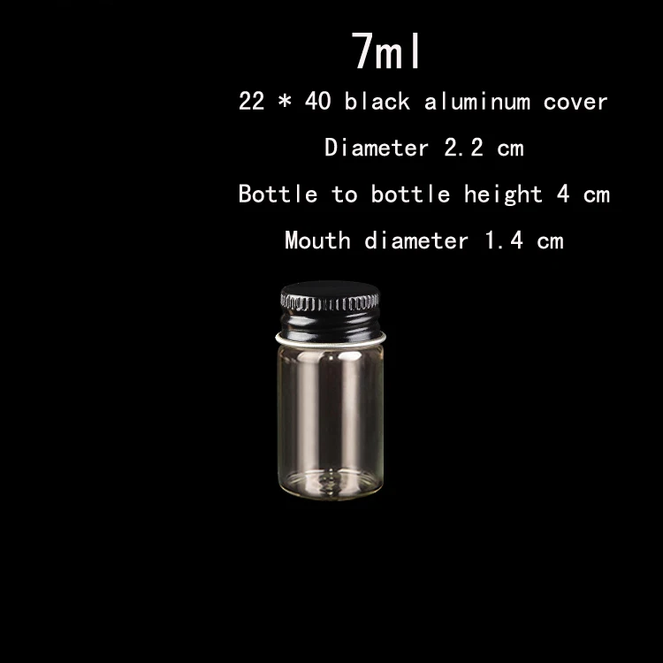 

wholesale 200pcs/lot 7ml(22* 40* 14mm) Black painted aluminum cover glass, transparent sealing small bottles, glass vials