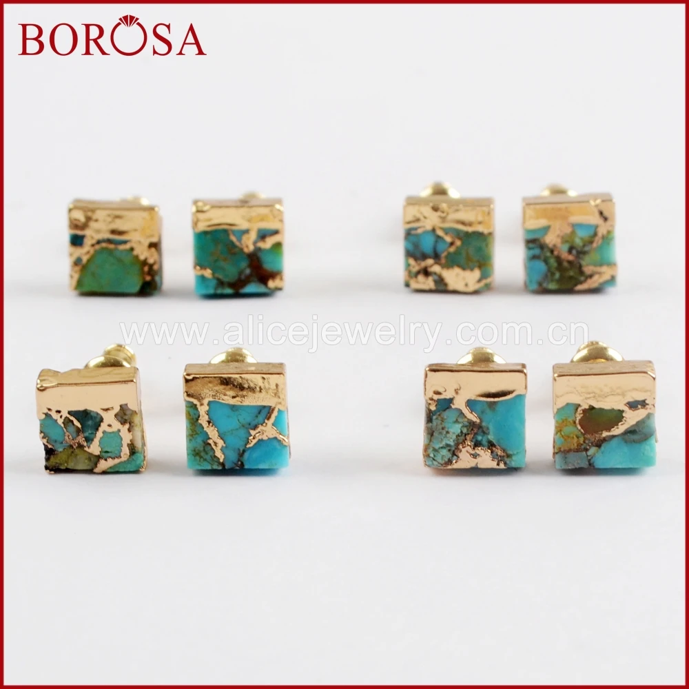 BOROSA 5/10Pairs Gold Color 7mm Square Copper Natural Turquoises Stud Earrings Natural Blue Stone Earrings for Women G1648