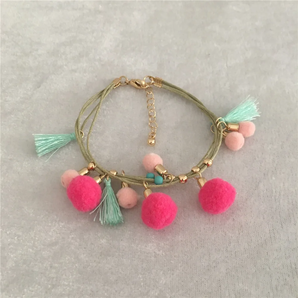 CUTE LOVELY GOLD COLOR ROUND DISC BEAD POMPOM THREAD TASSEL CORD BRACELET FOR WOMEN GIRL CHILD