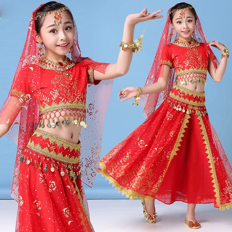 

Girl BellyDance Wear Children Belly Dance Bollywood Costume Set Girls Indian Flowers Outfit 5pcs (Top Belt Skirt Veil Headpiece)