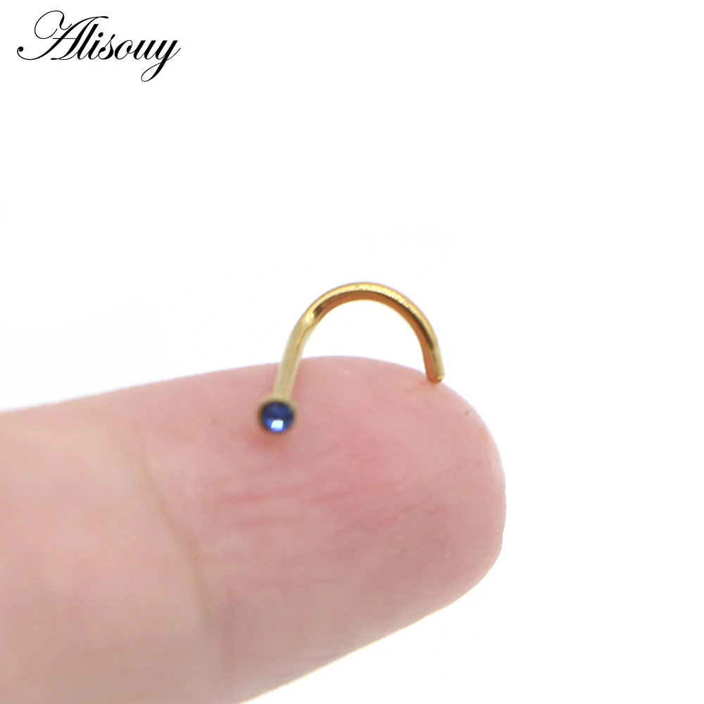 Alisouy 1pc Fashion Stainless Steel Tiny Crystal Rhinestone Nose Studs Hooks Bar Pin Nose Rings Body Piercing Jewelry For Women