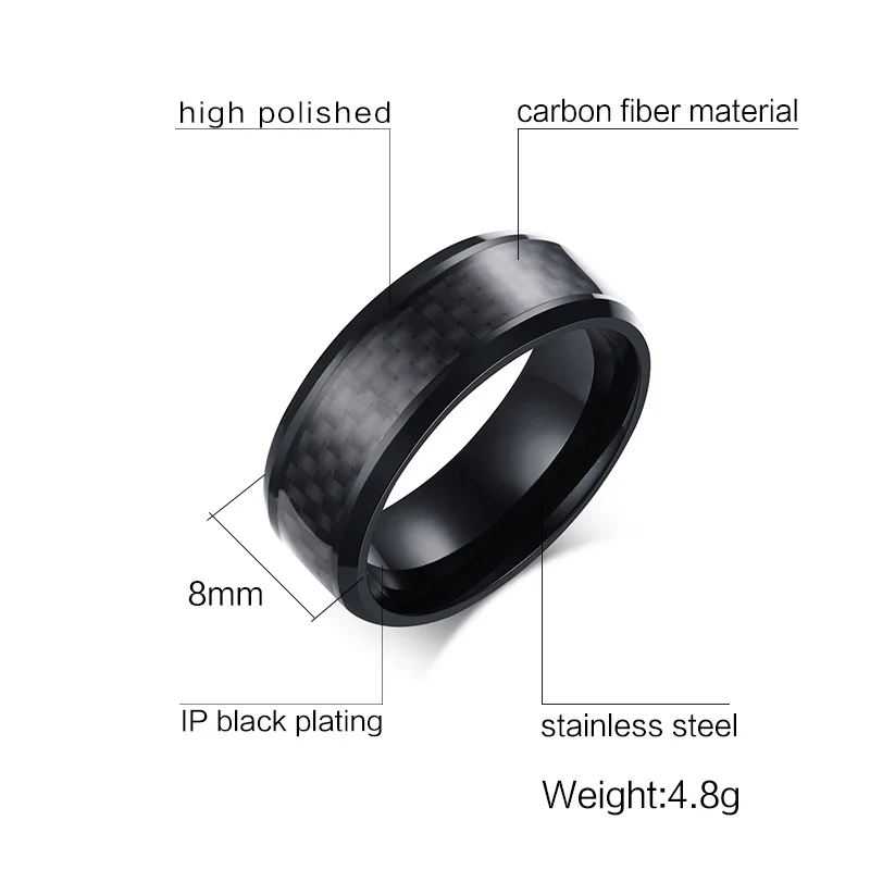 Vnox Black Carbon Fiber Punk Ring For Men 8mm Stainless Steel Wedding Mens Rings Jewelry