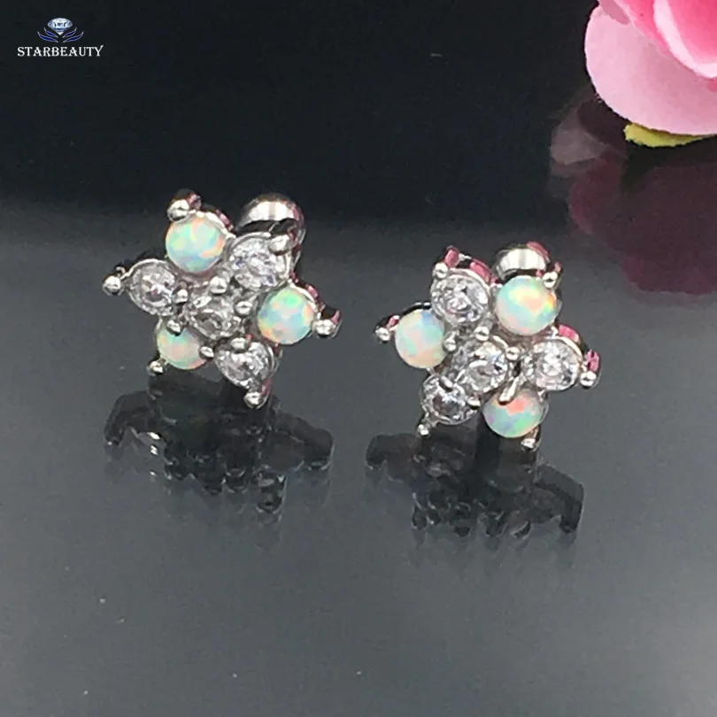 1.0*6mm Fire OPal17 Flower Stone Titanium Alloy Tragus Earring Helix Barbell Ear Piercing Cartilage Ring Jewelry For Women Girl