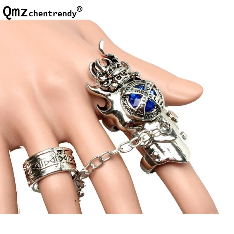 Club Hip Hop Women Men Blue Red Round Stone Double Finger Rings Punk Cool Jewelry Dropshipping