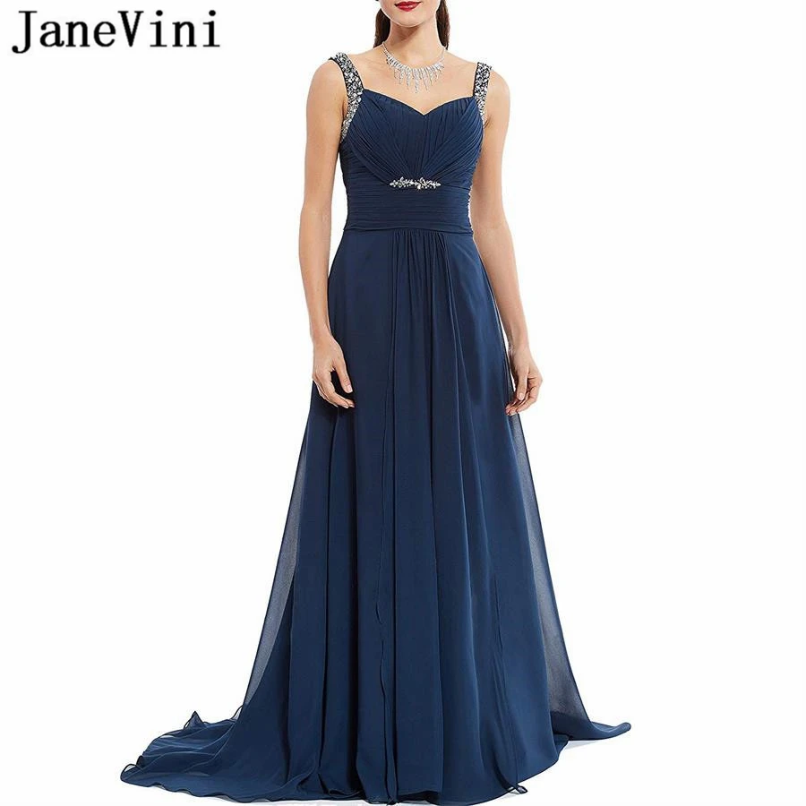 JaneVini Elegant A Line ชุดเจ้าสาว V คอ Backless ชีฟอง Navy Blue Vestidos Cerimonia Longos