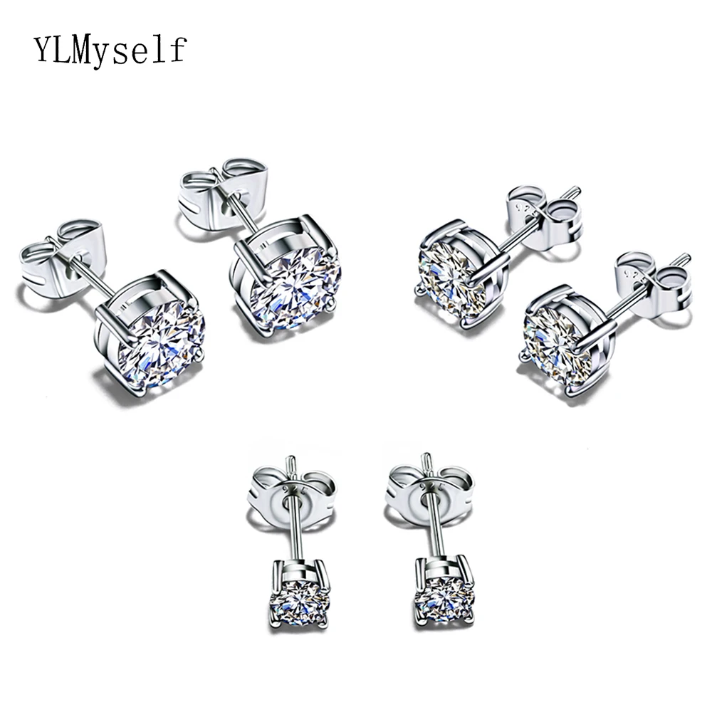 4 mm/6mm/7mm Round Prong Zirconia Pure 925 silver earrings Dropshipping Wedding jewelry jewellery sterling silver stud earring