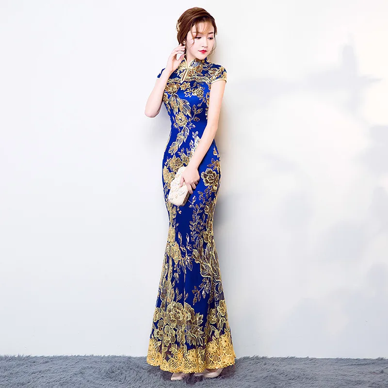 Blauwe bruiloft cheongsam oosterse avondjurk Chinese traditionele dames elegante qipao sexy kant lang gewaad retro vestido