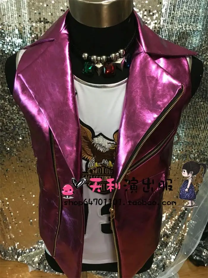 S-5xl ! 2021 Dj Men's Fashion New Male Singer Costumes Ds Purple Leather Vest Plus Size Costumes Clothing