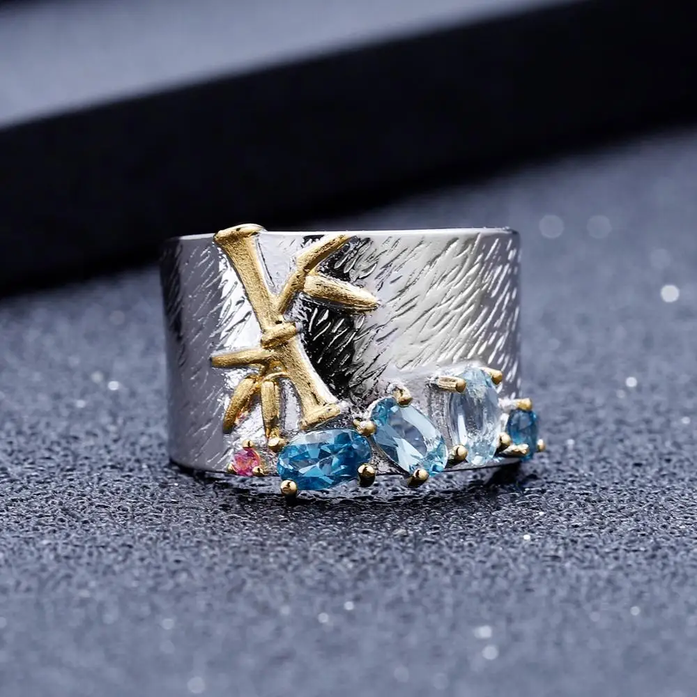 GEM\'S BALLET Natural Creative Blue Topaz Gemstone Ring 925 Sterling Silver Handmade Bamboo Finger Rings for Women Fine Jewelry
