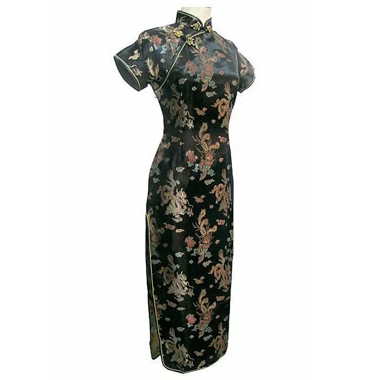 

Black Womens Satin Long Cheongsam Qipao Traditional Chinese Dress S M L XL XXL XXXL 4XL 5XL 6XL Mujeres Vestido J3095