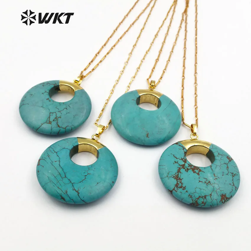 

WT-N1129 WKT wholesale natural stone necklace blue raw stone pendant with 18 inch gold metal chain women fashion necklace