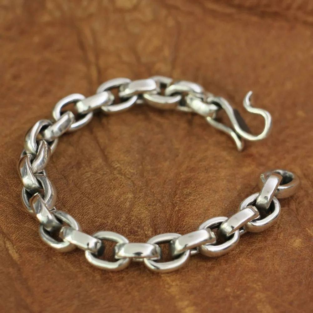 LINSION 925 Sterling Silver Fish hook clasp Mens Chain Biker Rock Punk Bracelet TA140