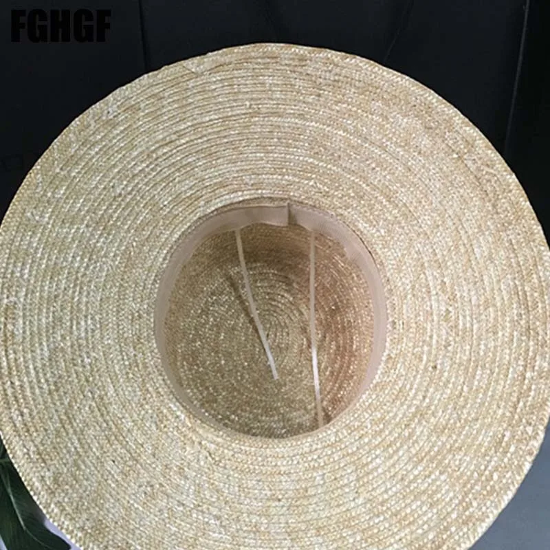 Natural Women Sun Hats Black Ribbon12cm 15cm Flat Top Large Wide Brim Straw Hats Straw Hat Chapeu Sombrero Beach Hats