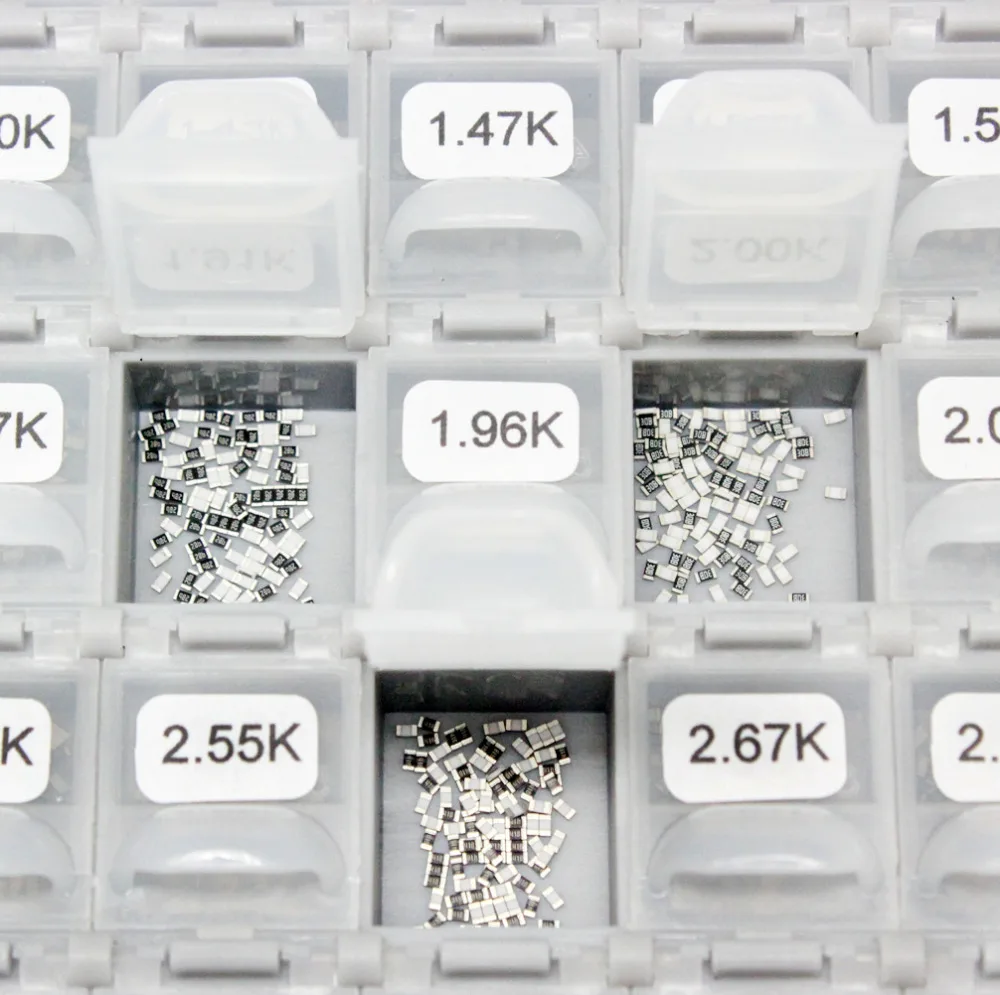 AideTek Surface Mount 0603 smd led1% E96 Resistor Kit 492 x100pc ROHS Distributed In 4 BOX-ALL labels plastic part box R06E96100
