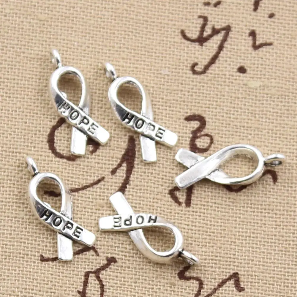 40pcs Charms Hope Awareness Ribbon 19x7mm Antique Bronze Silver Color Plated Pendants Making DIY Handmade Tibetan Jewelry