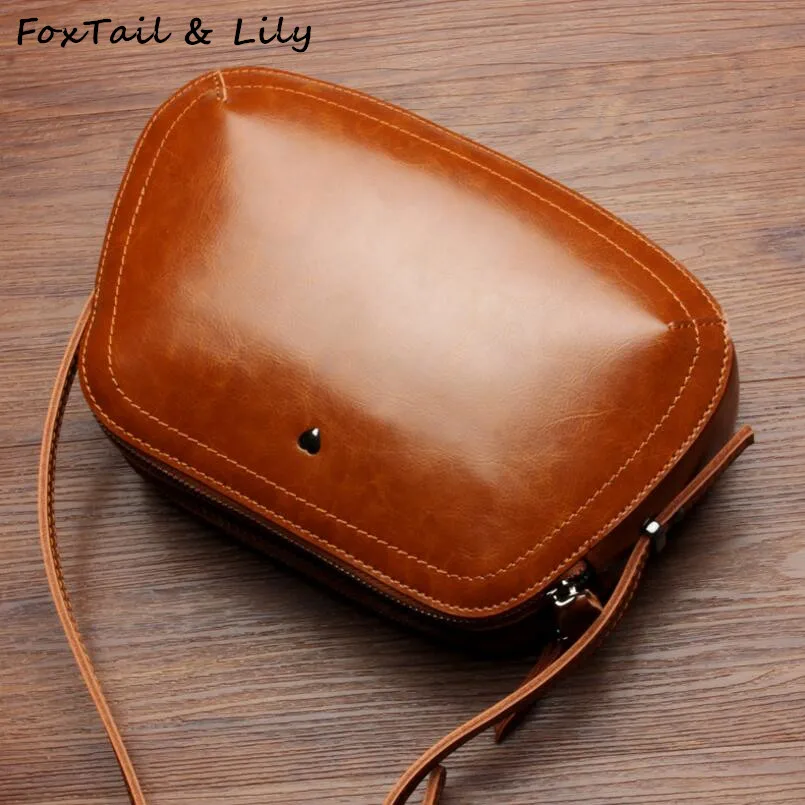 

FoxTail & Lily Cute Heart-shaped Pattern Genuine Leather Women Small Shoulder Bags Double Zipper Design Ladies Messenger Bags