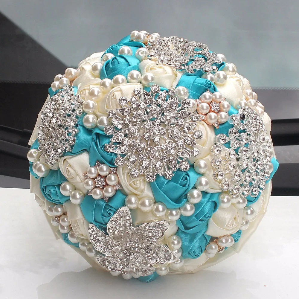 Hot selling white blue and red  crystal bridal wedding bouquets for wedding decoration