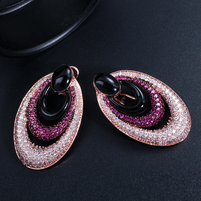 CWWZircons Luxury Brand Design Tiny Red Cubic Zirconia Pave Large Round Rose Gold Color Hoop Earrings Jewelry for Women CZ417