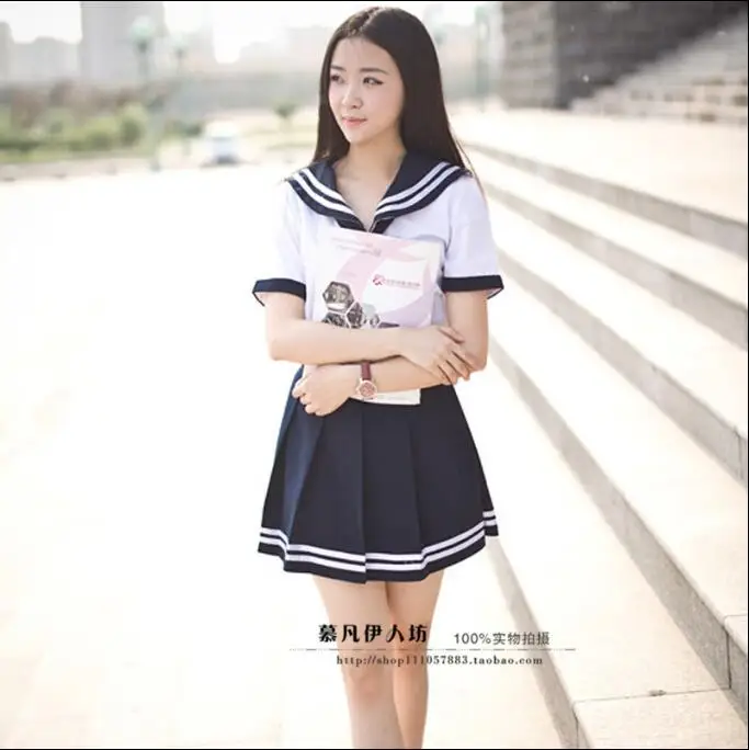 School Uniform Student Dress Sailor Japanese Style Girl Summer Blue Young New