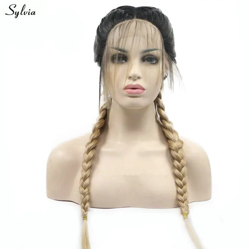 Sylvia Natural 2x Braided Wigs with Baby Hair Dark to Blonde Two Tone Color Heat Resistant Long Synthetic Hair Lace Front Wigs