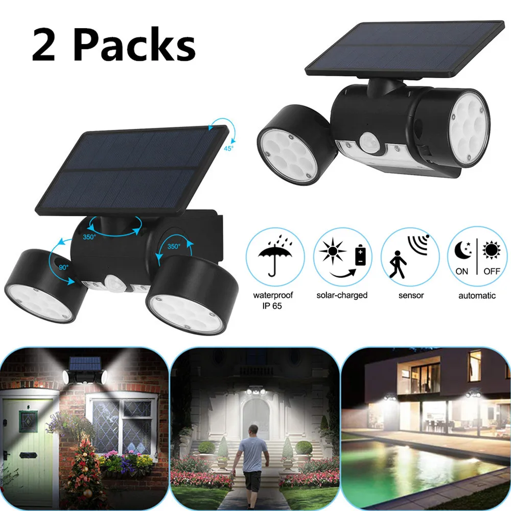 2pcs/set Bright Solar Powered Motion Sensor Outdoor 360 ° Rotatable Double Head 56Leds Garden Yard Wall Lamp Security Floodlight