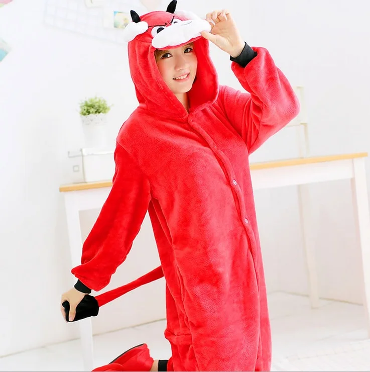 Kigurumi Winter New Red Bull Onesies Costume For Women Pyjama Pajamas Flannel Hooded Clothing Home Animal Onesie