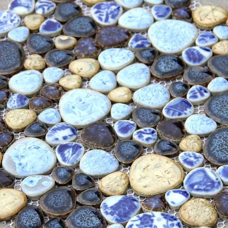 ceramic blue and white porcelain cobble mosaic HMCM1040 for mesh backing bathroom wall floor kitchen backsplash