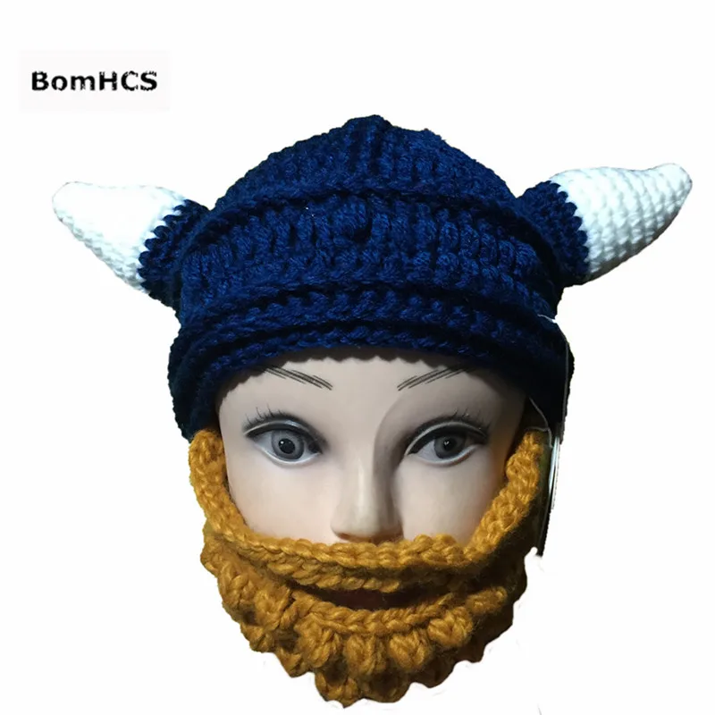 BomHCS Novetly Ox Horn Beanie with Beard Mask 100% Handmade Crochet Vikings Hat Cap for Fun