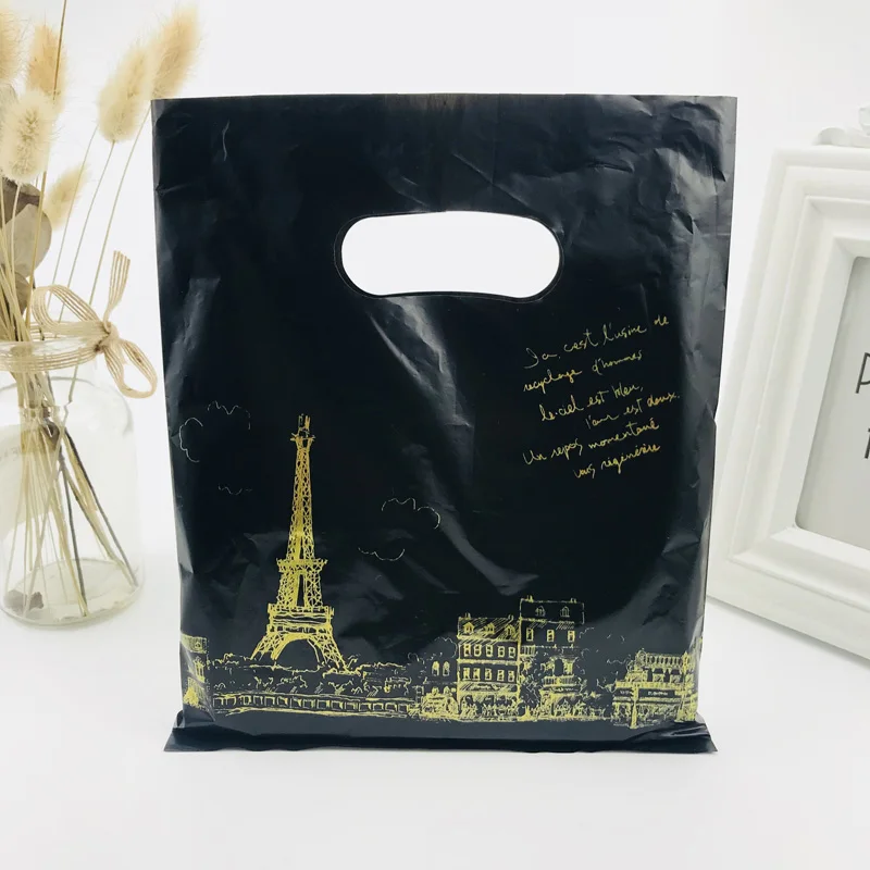 Black Paris Tower Plastic Gift Bags, Mini, 20x25cm, Small Boutique, Shopping Clothes, Plastic Gift Bags with Handles, 100Pcs