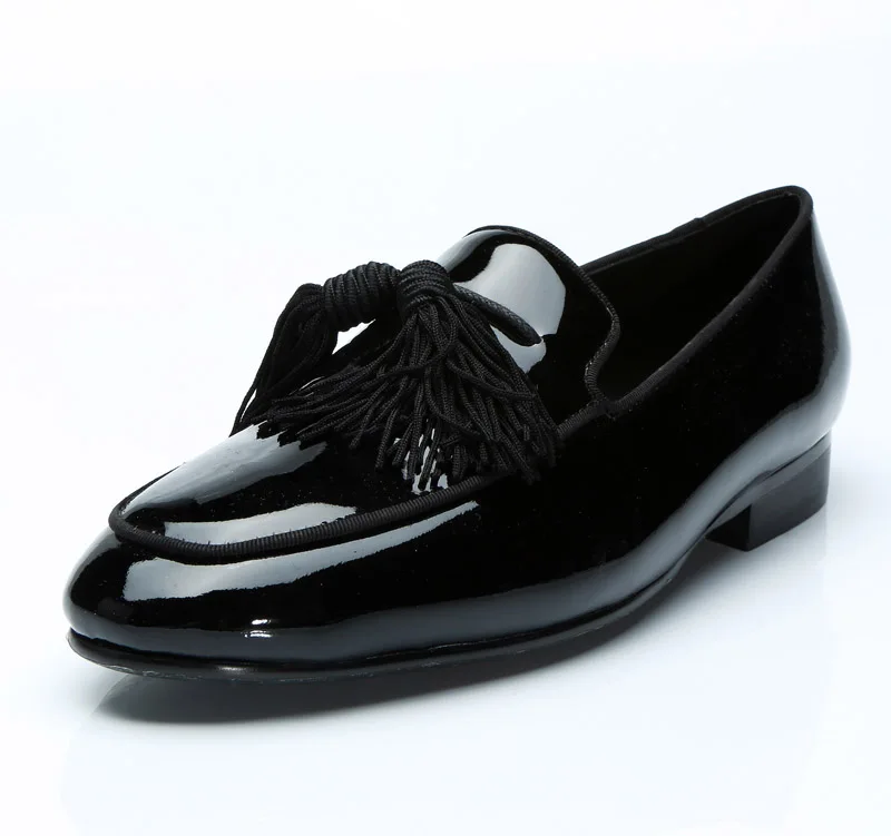 Classic Italian Black Patent Leather Male Tassel Fringe Dress Wedding Shoes Men Slip On Slippers Zapatos Hombre Vestir