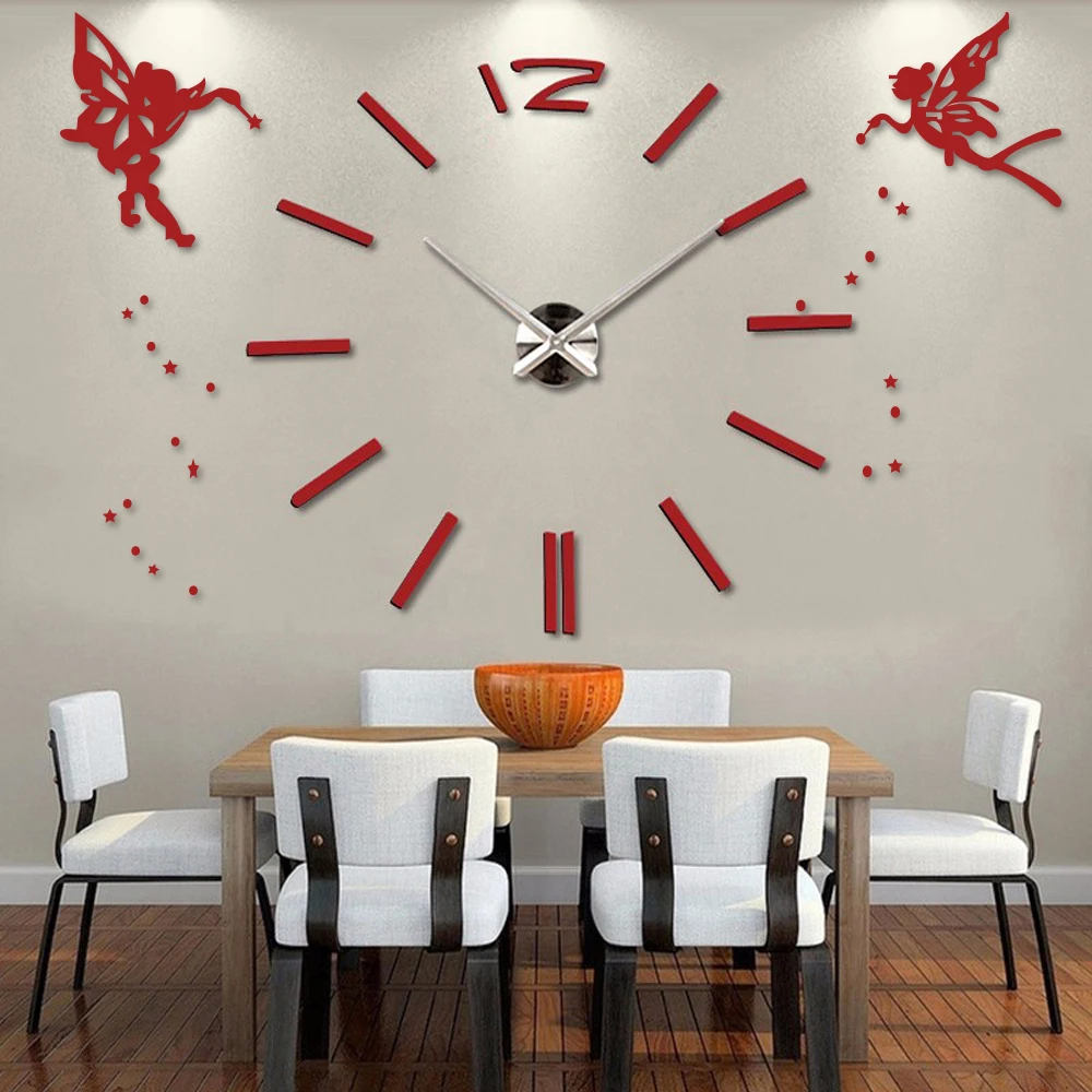 3D DIY Large Wall Clock Modern Design Angel Decorative Oversize Kitchen Clock Acrylic Mirror Wall Stickers Big Wall Clocks