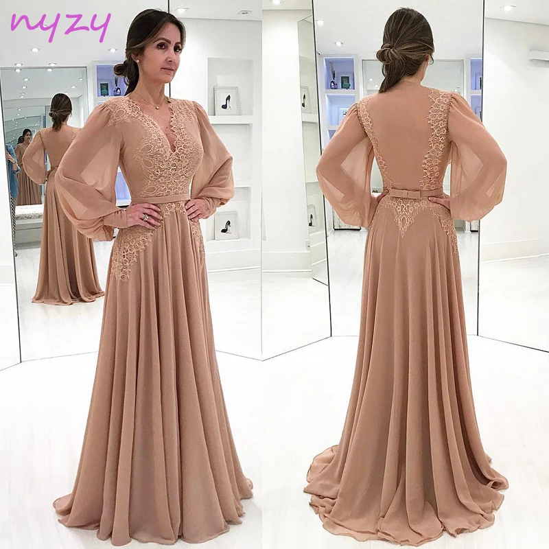 NYZY E9 Elegant Vestido Formal Sheer Back Lace Chiffon Long Sleeves Champagne Evening Gowns for Women Wedding Mothers Dress 2019