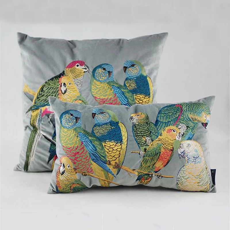 American Village Cushion Cover Colorful Parrot Pillow Cover Luxury Noble Home Cojines Decorativos Para Sofa Housse De Coussin