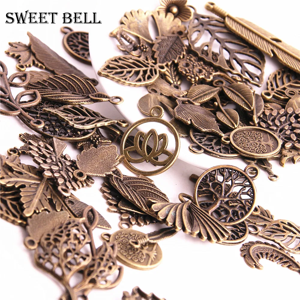 SWEET BELL 100pcs Vintage Metal Mix Tree Charms Fashion Retro Mixed Leaf Pendant Diy Handmade Charms for Jewelry Making