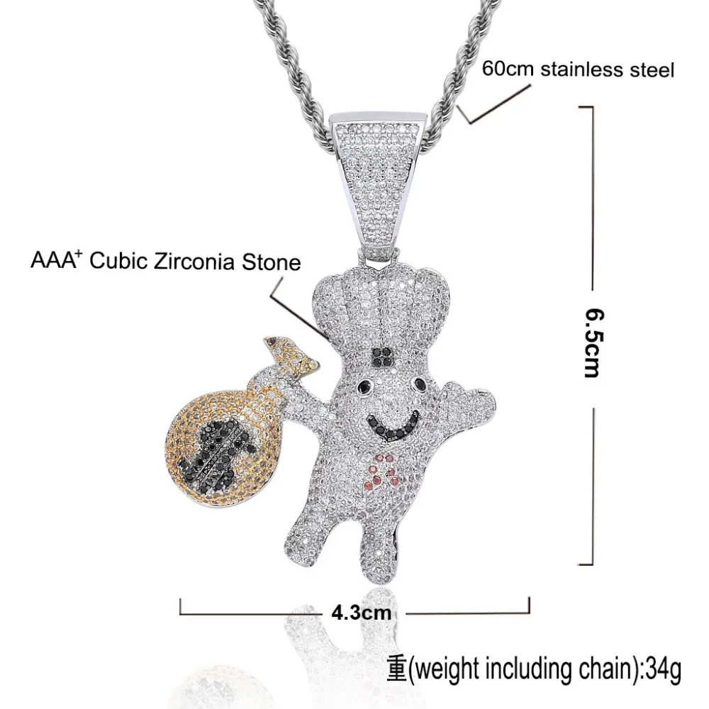 Hip Hop Full AAA CZ Zircon Paved Bling Iced Out US Dollar Money Bag Purse Doll Pendants Necklace for Men Rapper Jewelry