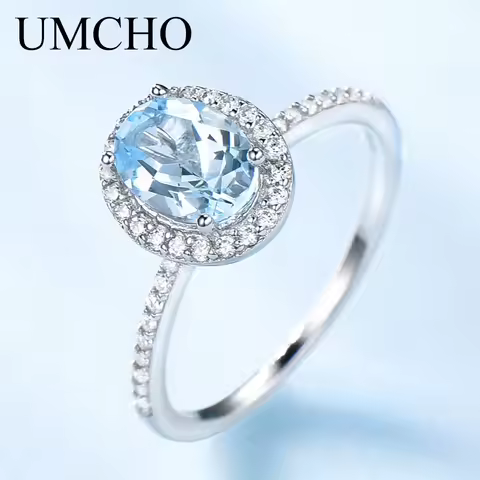 UMCHO Nano Sky Blue Topaz Gemstone Rings for Women Genuine 925 Sterling Silver Ring Oval Romantic Gift Luxury Engagement Jewelry
