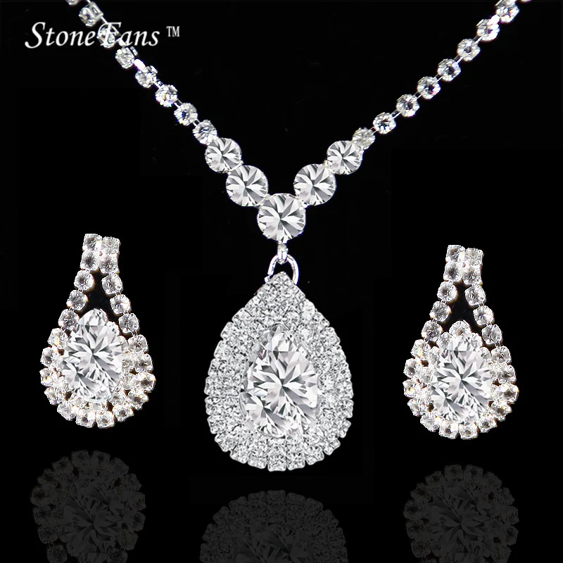 StoneFans Simple Crystal Water Drop Jewelry Set Necklace Set Cubic Zircon Charms Maxi Earrings Statement Wedding Jewelry Set