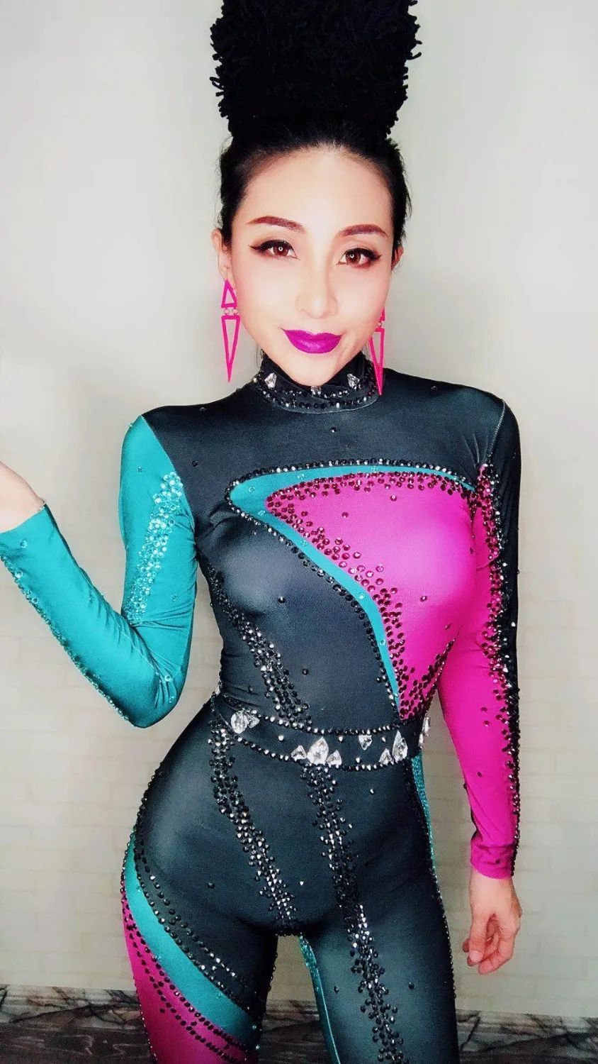 Sexy Colorful Rhinestone Jumpsuit Long Sleeves Stretch Leggings Women\'s Prom Party Outfit Nightclub Singer Dance Show Stage Wear