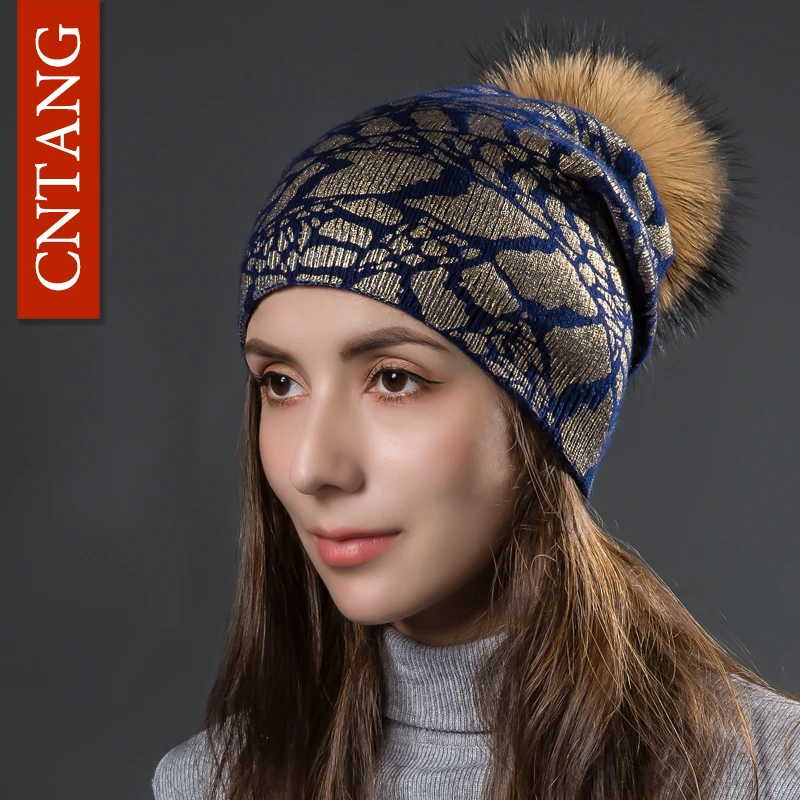 CNTANG 2024 Women Fashion Bronzing Knitted Wool Hats Winter Double Layer Warm Caps Beanies With Pompom Real Fur Hat For Ladies