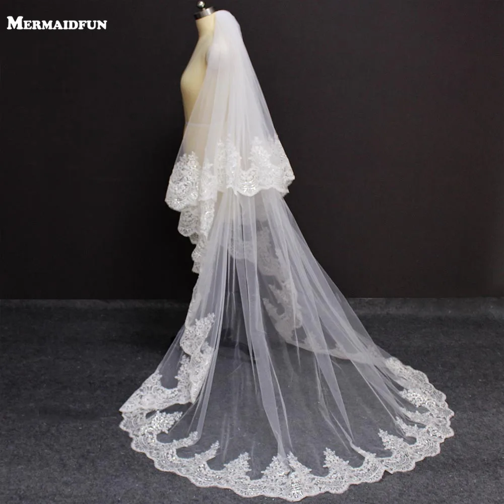 Luxury Bling Sequins Lace 2 Layers Long Wedding Veil with Comb Chapel Length Cover Face 2 T Bridal Veil Wedding Accessories