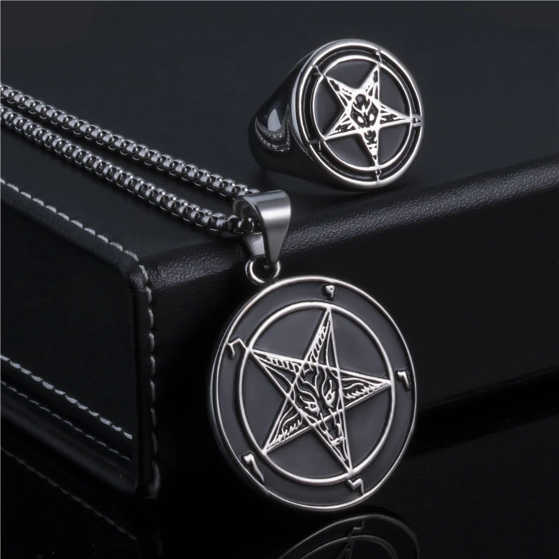 Elfasio Jewelry Set Ring Necklace Set Baphomet Goat Pentagram Satan Symbol Stainless Steel Both Sided Pendant Chain