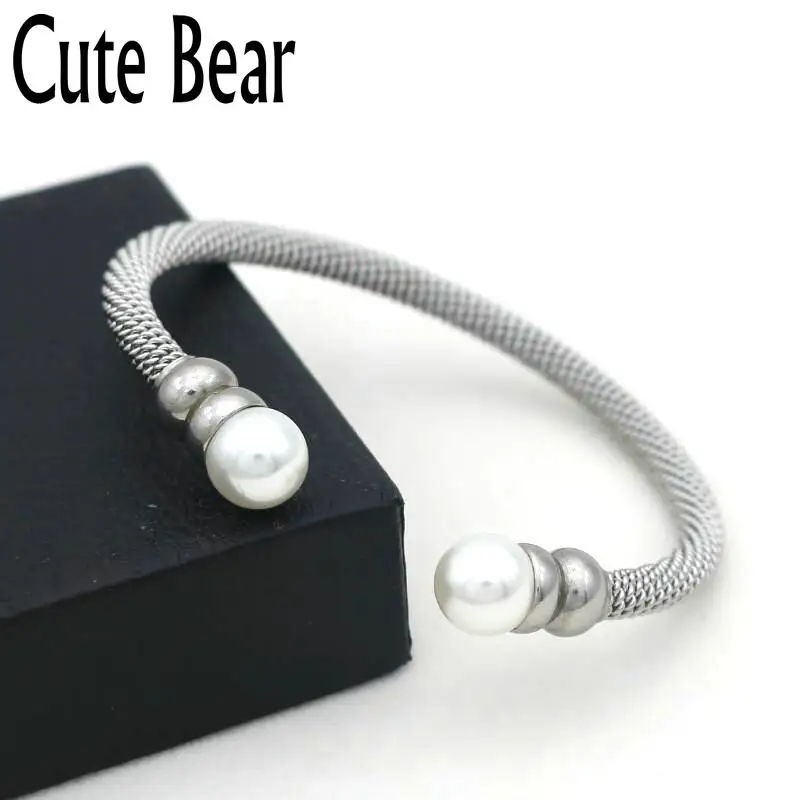Cute Bear Brand Stainless Steel Mesh Surface Imitation Pearls Bracelets & Bangles Women Luxury Cuff Bracelet Fashion Jewelry