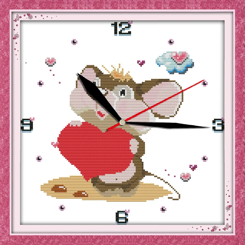 Little mouse & love heart cross stitch kit 14ct 11ct count print canvas wall clock stitching embroidery DIY handmade needlework